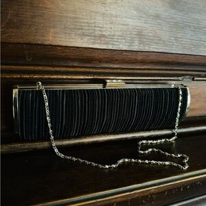 Lulu Townsend Black Pleated Clutch Evening Bag Chain Shoulder Strap